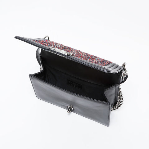 CHANEL 20s 2014-2015 Tweed Boy Chanel Silver Metal Shoulder Bag black WS21087
