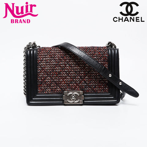 CHANEL 20s 2014-2015 Tweed Boy Chanel Silver Metal Shoulder Bag black WS21087
