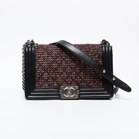 CHANEL 20s 2014-2015 Tweed Boy Chanel Silver Metal Shoulder Bag black WS21087