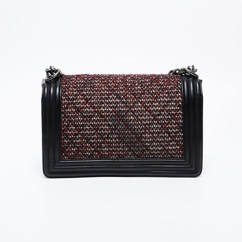 CHANEL 20s 2014-2015 Tweed Boy Chanel Silver Metal Shoulder Bag black WS21087
