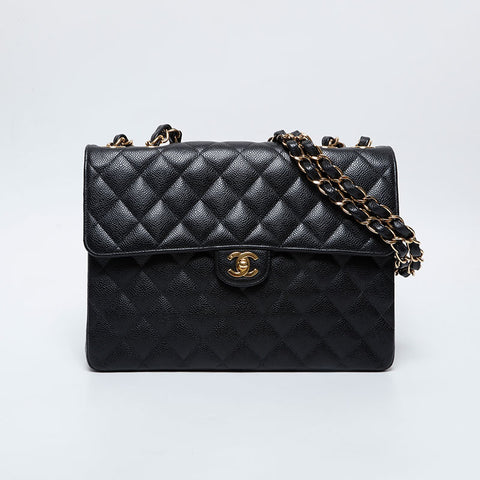 CHANEL No. 9 Caviar Skin Deca Matelasse 11.8" 2004-2005 Shoulder Bag black WS21091