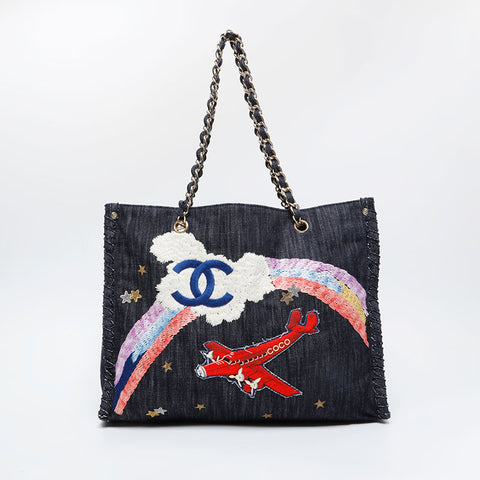 CHANEL 10 series 2005-2006 Denim Night Flight 2.55 Tote Bag Navy WS21092