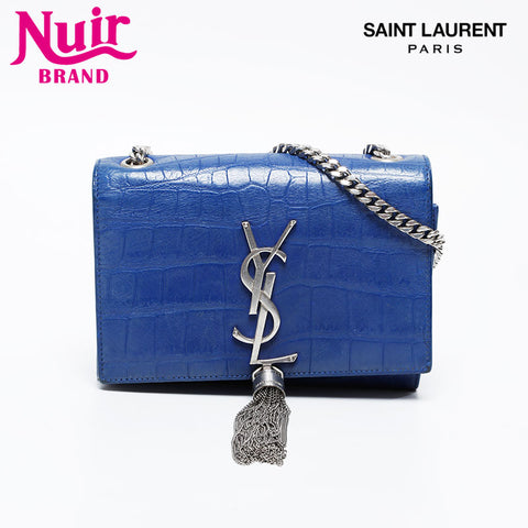 YVES SAINT LAURENT Kate Mini Embossed Leather Chain Wallet Shoulder Bag blue WS21115
