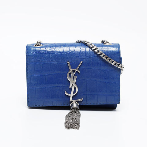 YVES SAINT LAURENT Kate Mini Embossed Leather Chain Wallet Shoulder Bag blue WS21115
