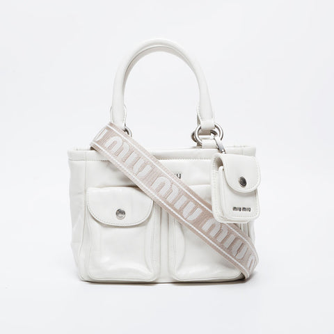 Miu Miu Vitello Shine Logo Mini Tote 21 Stainless Steel Handbag white WS21120