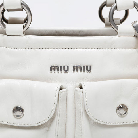 Miu Miu Vitello Shine Logo Mini Tote 21 Stainless Steel Handbag white WS21120
