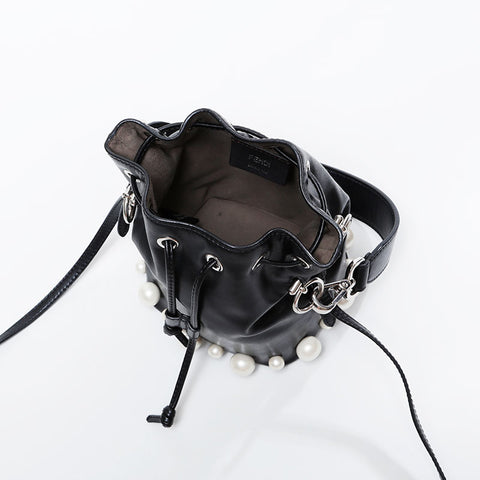 FENDI Montresor Leather Pearl 2-Way Drawstring Bag Shoulder Bag black WS21129
