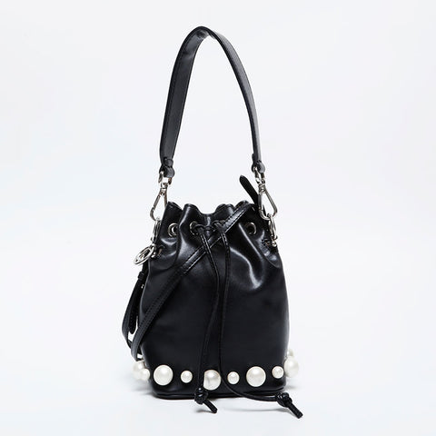 FENDI Montresor Leather Pearl 2-Way Drawstring Bag Shoulder Bag black WS21129