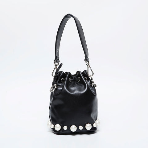 FENDI Montresor Leather Pearl 2-Way Drawstring Bag Shoulder Bag black WS21129