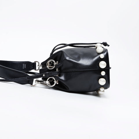 FENDI Montresor Leather Pearl 2-Way Drawstring Bag Shoulder Bag black WS21129