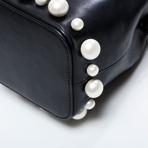 FENDI Montresor Leather Pearl 2-Way Drawstring Bag Shoulder Bag black WS21129
