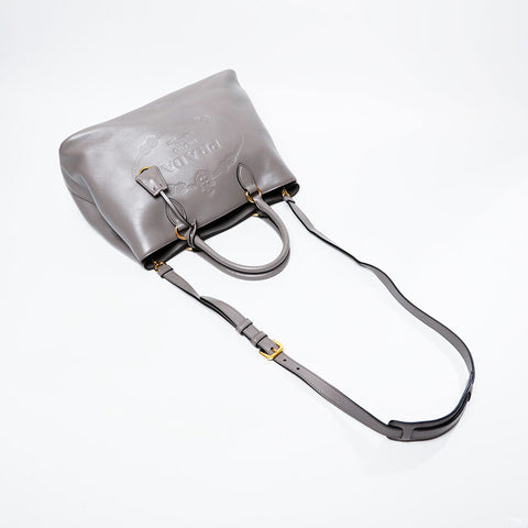 PRADA Logo embossed leather 2way Handbag gray WS21131