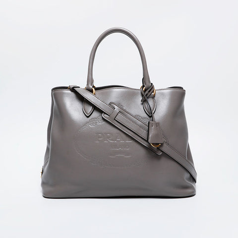 PRADA Logo embossed leather 2way Handbag gray WS21131
