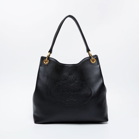 PRADA Logo embossed leather Shoulder Bag black WS21135
