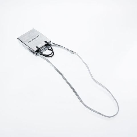 BALENCIAGA Embossed Leather Shopping Phone 2-Way Mini Tote Shoulder Bag Silver WS21136