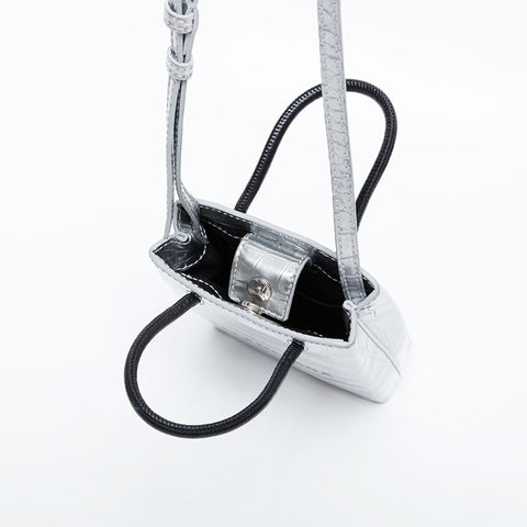 BALENCIAGA Embossed Leather Shopping Phone 2-Way Mini Tote Shoulder Bag Silver WS21136