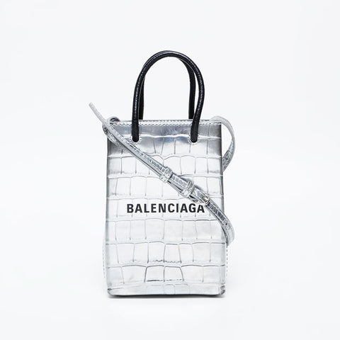 BALENCIAGA Embossed Leather Shopping Phone 2-Way Mini Tote Shoulder Bag Silver WS21136