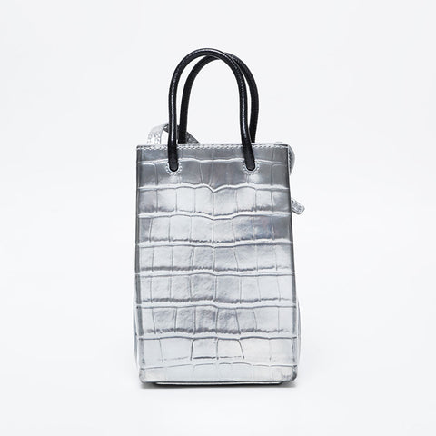 BALENCIAGA Embossed Leather Shopping Phone 2-Way Mini Tote Shoulder Bag Silver WS21136