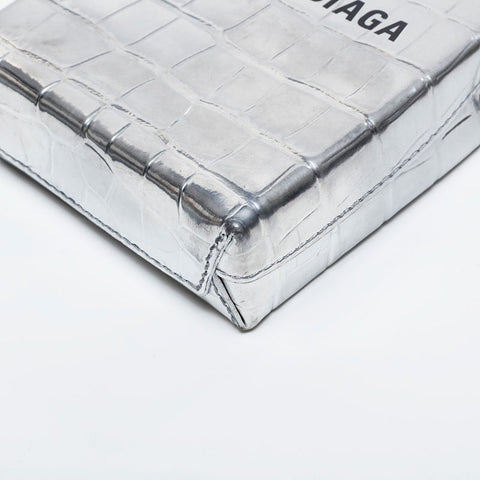 BALENCIAGA Embossed Leather Shopping Phone 2-Way Mini Tote Shoulder Bag Silver WS21136