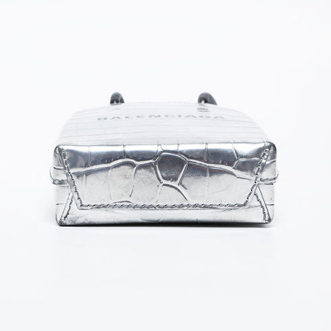 BALENCIAGA Embossed Leather Shopping Phone 2-Way Mini Tote Shoulder Bag Silver WS21136
