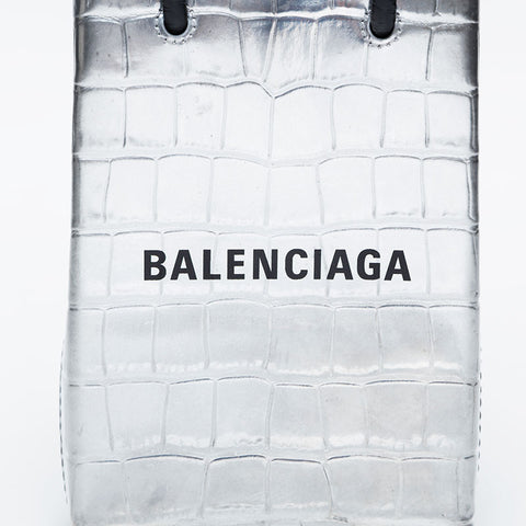 BALENCIAGA Embossed Leather Shopping Phone 2-Way Mini Tote Shoulder Bag Silver WS21136