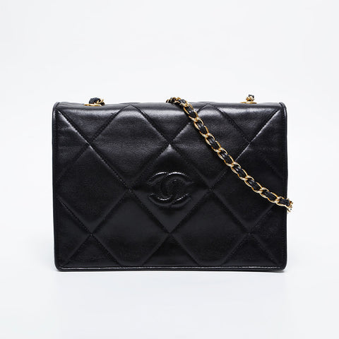 CHANEL 0 Series 1986-1988 Lambskin COCO Mark Flap Diamond Stitch Shoulder Bag black WS21143