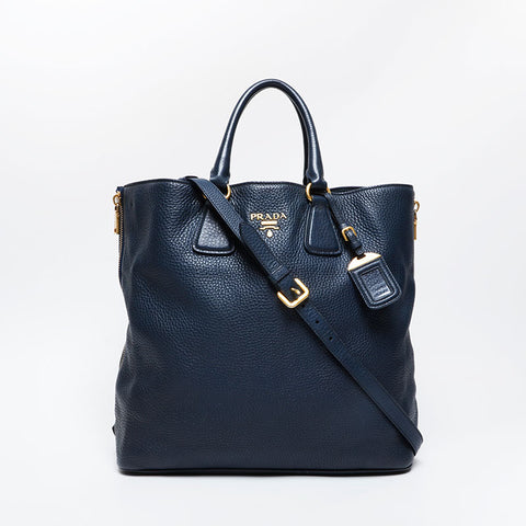 PRADA Leather 2way Tote Bag Navy WS21145