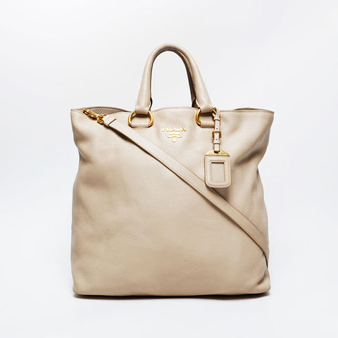 PRADA Leather 2way Tote Bag beige WS21146