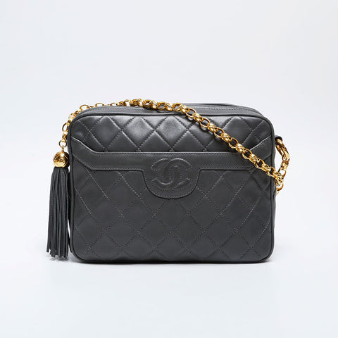 CHANEL COCO Mark No. 2 1991-1994 Lambskin Chain Tassel Shoulder Bag gray WS21170
