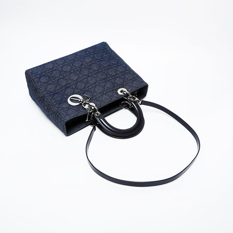 極美品 クリスチャンディオール Christian Dior ラージ レディ ディオール 2way デニム ハンドバッグ ネイビー WS21221