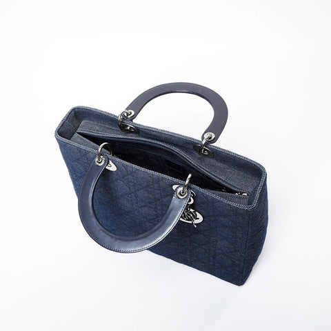 極美品 クリスチャンディオール Christian Dior ラージ レディ ディオール 2way デニム ハンドバッグ ネイビー WS21221