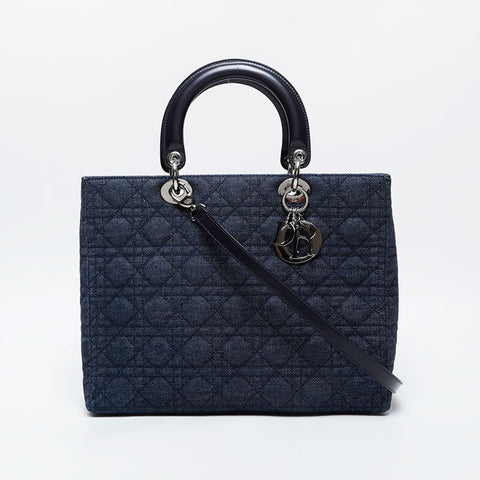 極美品 クリスチャンディオール Christian Dior ラージ レディ ディオール 2way デニム ハンドバッグ ネイビー WS21221
