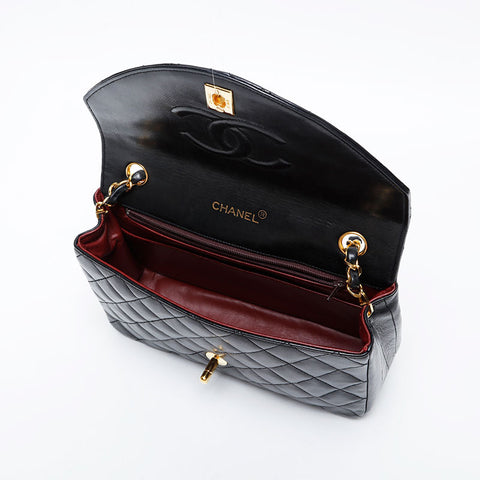 CHANEL 0 Series 1986-1989 Lambskin Chain Flap Matelasse Shoulder Bag black WS21257