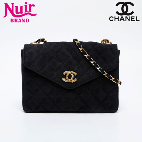 CHANEL 0 series 1986-1989 Suede Rhinestone Flap Shoulder Bag black WS21260