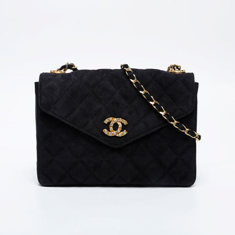 CHANEL 0 series 1986-1989 Suede Rhinestone Flap Shoulder Bag black WS21260