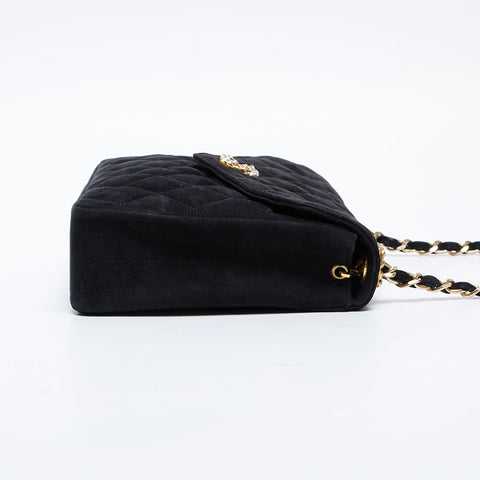 CHANEL 0 series 1986-1989 Suede Rhinestone Flap Shoulder Bag black WS21260