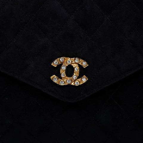 CHANEL 0 series 1986-1989 Suede Rhinestone Flap Shoulder Bag black WS21260