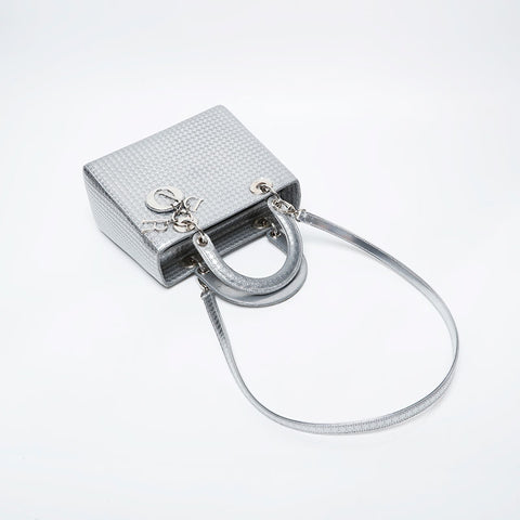 Christian Dior Metallic Lady Medium 2way Shoulder Bag Silver WS21278