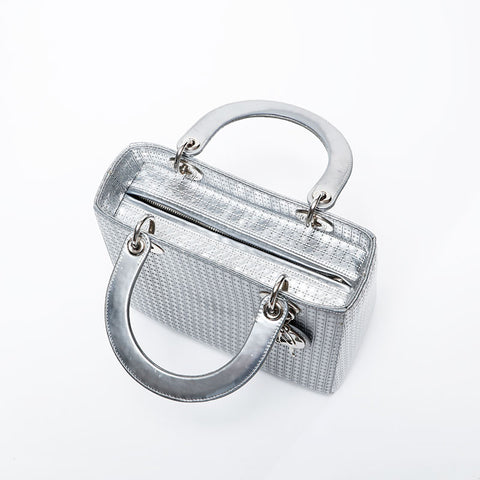 Christian Dior Metallic Lady Medium 2way Shoulder Bag Silver WS21278