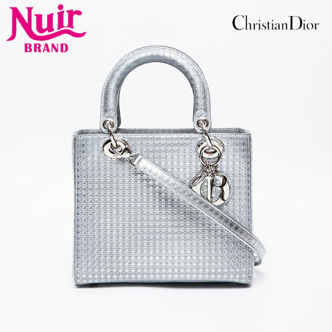 Christian Dior Metallic Lady Medium 2way Shoulder Bag Silver WS21278