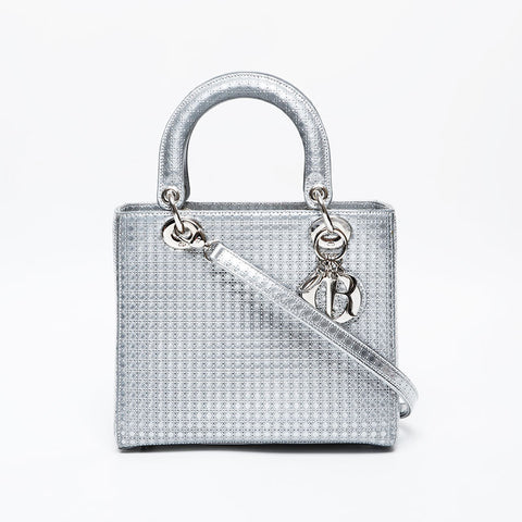 Christian Dior Metallic Lady Medium 2way Shoulder Bag Silver WS21278