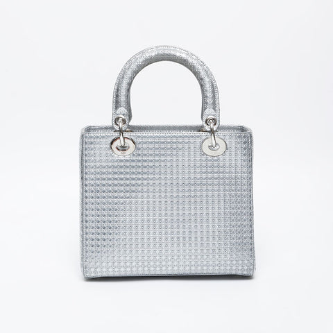 Christian Dior Metallic Lady Medium 2way Shoulder Bag Silver WS21278