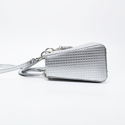 Christian Dior Metallic Lady Medium 2way Shoulder Bag Silver WS21278