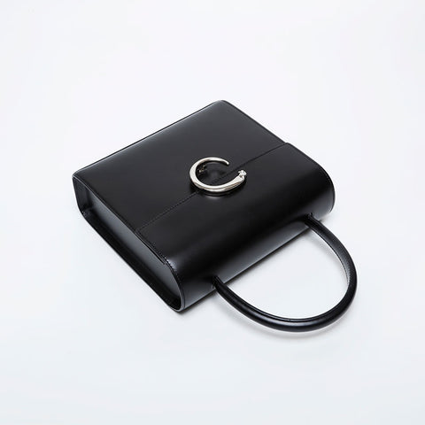 CARTIER Leather PANTHERE Top Handle Silver Handbag black WS21284