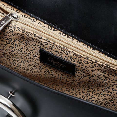 CARTIER Leather PANTHERE Top Handle Silver Handbag black WS21284