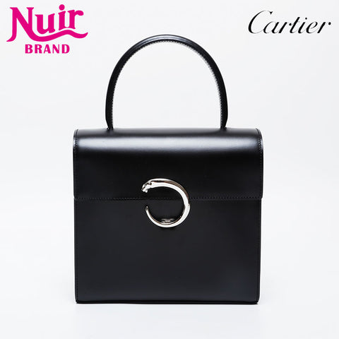 CARTIER Leather PANTHERE Top Handle Silver Handbag black WS21284