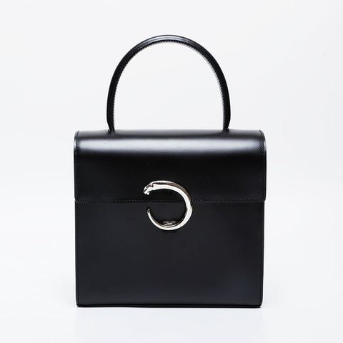 CARTIER Leather PANTHERE Top Handle Silver Handbag black WS21284