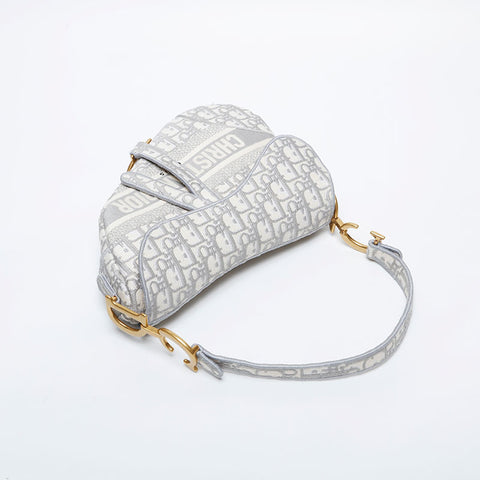 Christian Dior Oblique Embroidered Diary Canvas Saddlebag Shoulder Bag white WS21306