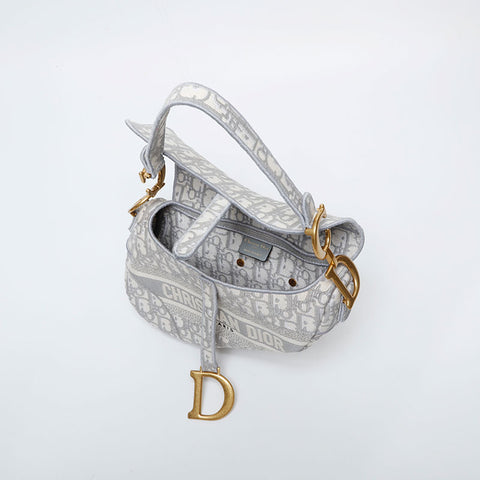 Christian Dior Oblique Embroidered Diary Canvas Saddlebag Shoulder Bag white WS21306