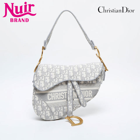 Christian Dior Oblique Embroidered Diary Canvas Saddlebag Shoulder Bag white WS21306